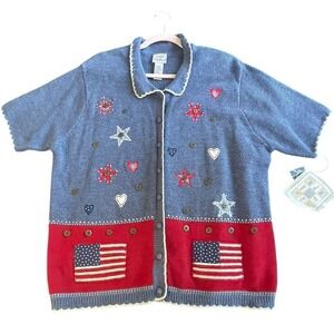 Koret City Blues Americana Cardigan Sweater XL Blue Red Stars Flag Short Sleeve